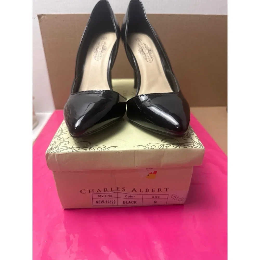 Charles Albert Women Black Patent D'Orsay High Heel Pumps Size 9 Pointed Toe NIB